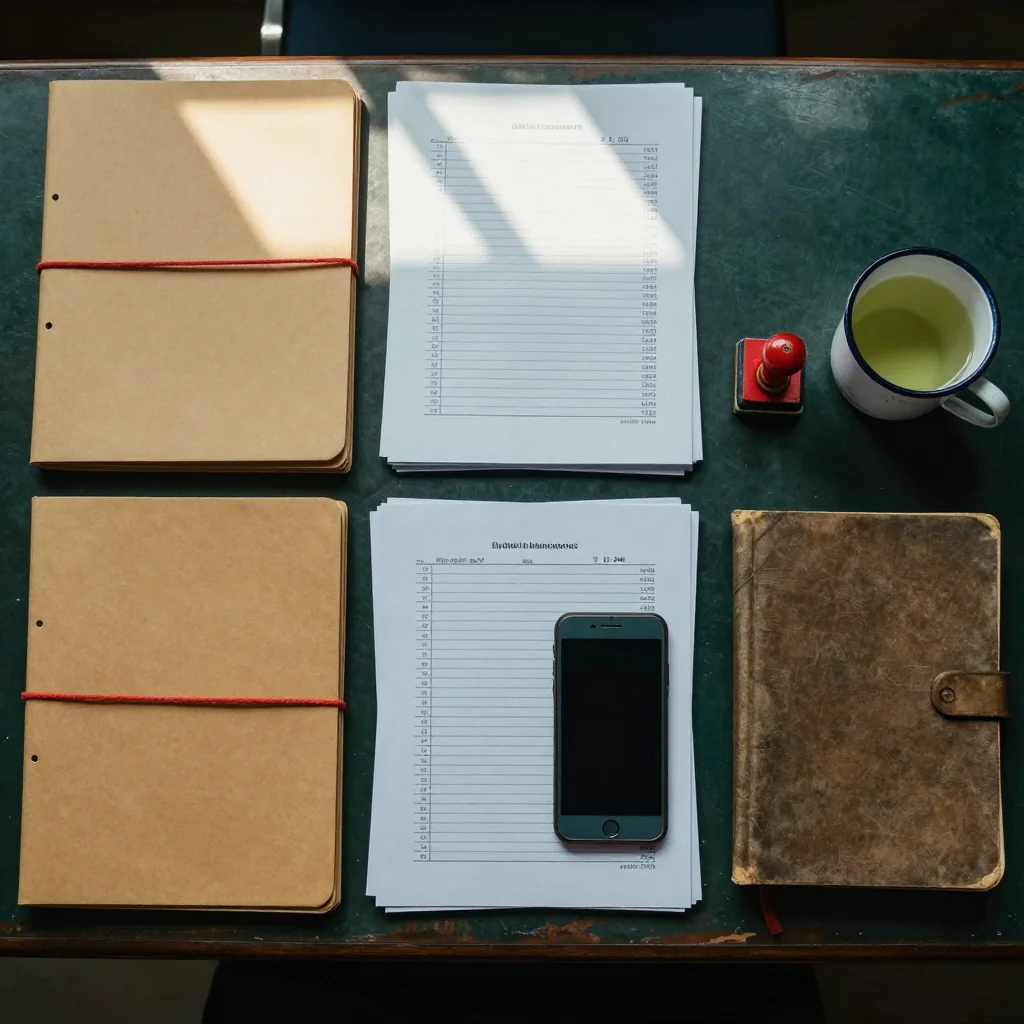 A worn Vietnamese government office desk seen from above — closed manila folders tied with red cotton string, a stack of folded triplicate forms, a closed ledger book, a sleek smartphone face-down, a red ink stamp pad, and a chipped enamel mug of green tea under harsh fluorescent light.