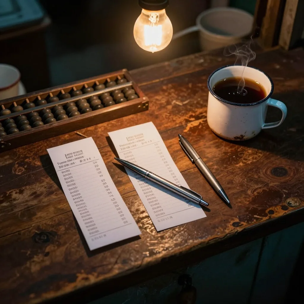 A worn wooden Vietnamese shop counter at dusk — two small receipt slips placed face-down side by side, a ballpoint pen resting across them, a wooden abacus, and a chipped enamel mug of black tea under a low-watt incandescent bulb. The moment the price quietly changes.