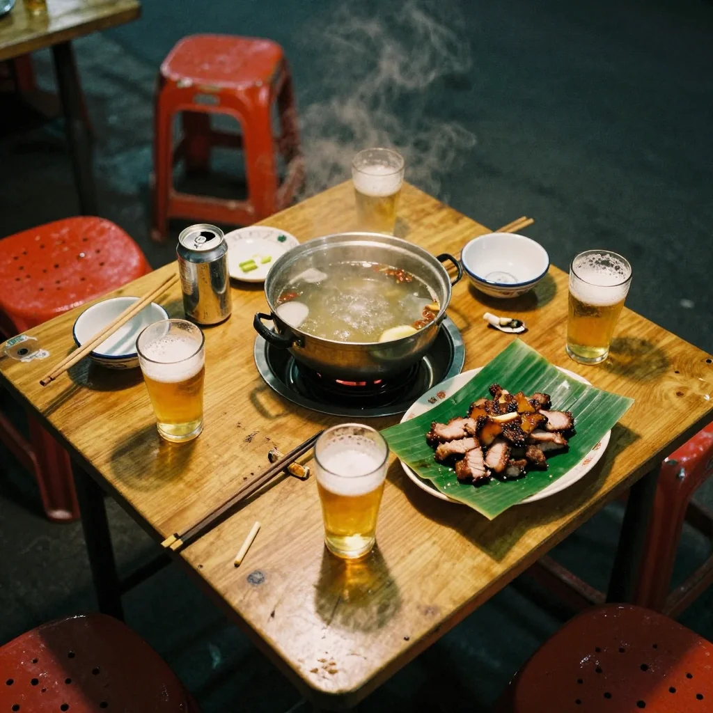 A Vietnamese sidewalk drinking table after the meal — empty pint glasses of bia hơi with foam residue, an empty shared hot pot, chopsticks resting on small porcelain dishes, a half-eaten plate of grilled pork on a banana leaf, and weathered red plastic stools pushed back. No people present.