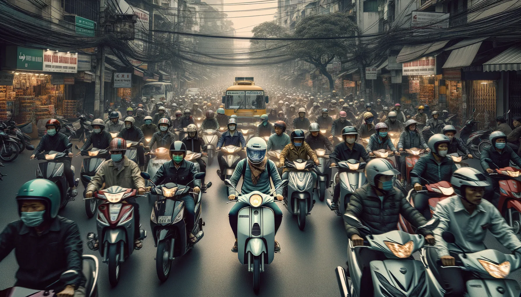 Dense Hanoi motorbike traffic threading impossible gaps, horns functioning as language, a foreign rider alert among locals moving with hidden grammar