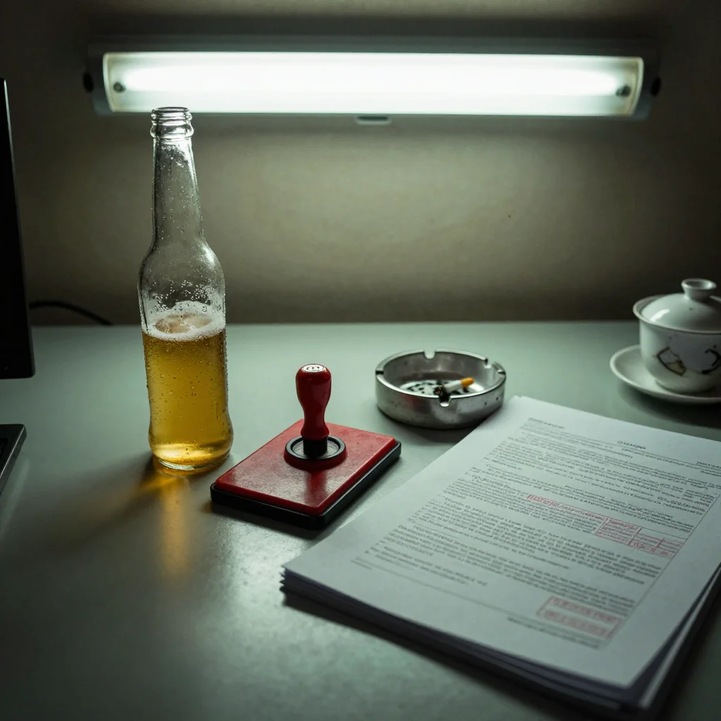 An end-of-shift Vietnamese government office desk under harsh fluorescent light — a half-empty beer bottle, a red ink stamp on its pad, a small ash tray, and a stack of stamped triplicate forms. No person present.