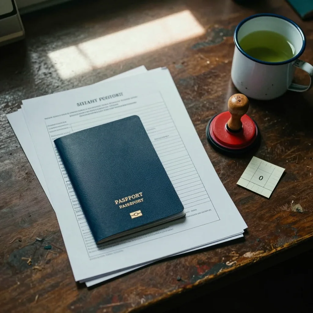 A worn bureaucratic desk under fluorescent light — a closed dark passport resting face-down beside a stack of folded paperwork, a red ink stamp pad with a wooden circular stamp, and a chipped enamel mug of cold green tea. No cover insignia or country name visible.