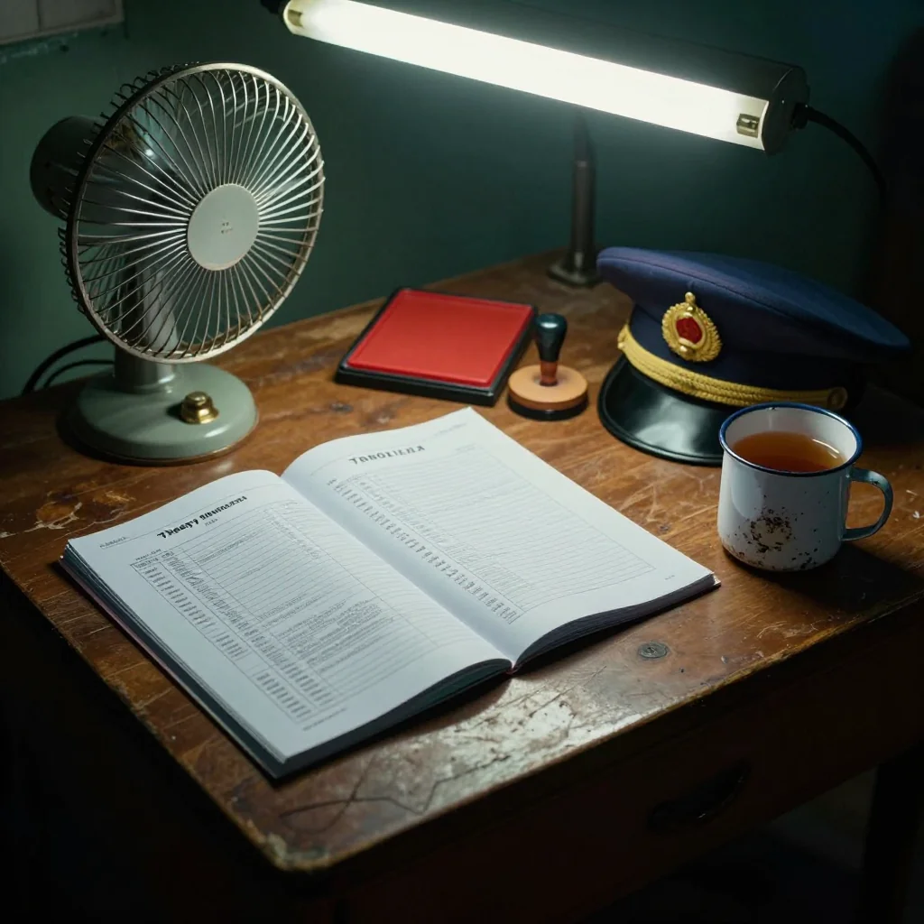 A worn Vietnamese traffic-police desk at dusk — an open theory-test booklet beside a clip-on fan, a red ink stamp pad, a chipped enamel mug, and a peaked uniform cap resting at the edge of the desk. No person present.