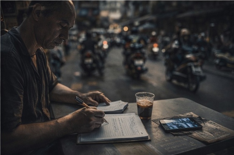 A writer taking notes at a table while scooters pass behind him