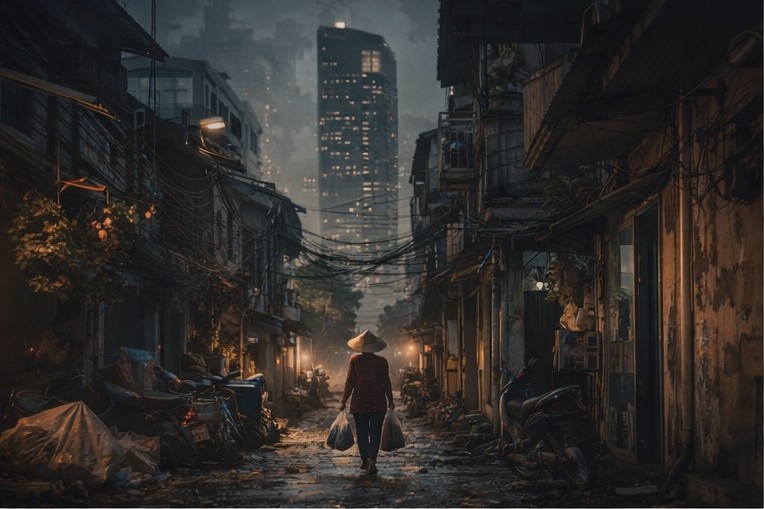 A narrow alley with wires and an office tower rising behind it